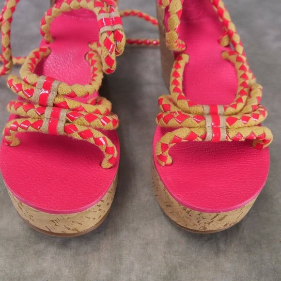 NWD Tory Burch Tie Up Pink/Tan Rope & Cork Petra Mid Wedge Wom 8.5 M $375    ANB - Picture 11 of 12